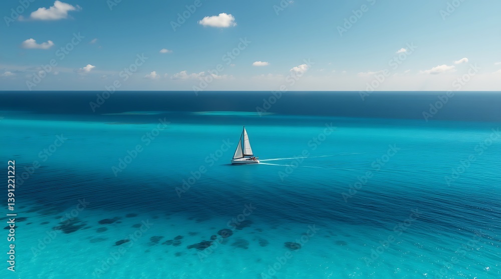 Obraz premium Serene Sailboat Voyage: A solitary sailboat glides gracefully across the expansive turquoise waters under a vast sky, evoking a sense of freedom and tranquility.