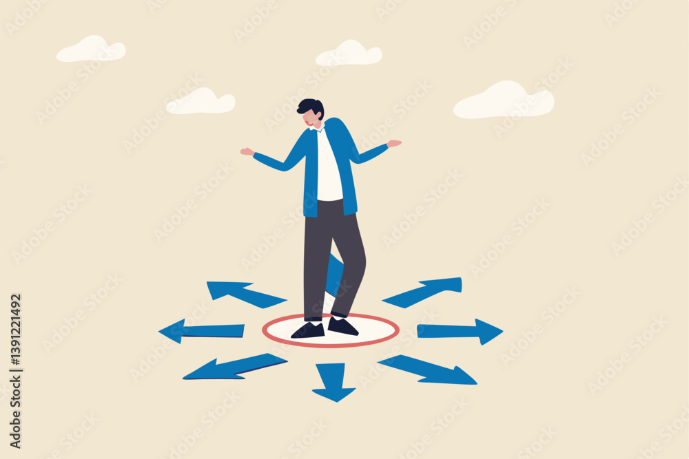 Choose career path, make life decision choice, decide the right or wrong direction, opportunity challenge, confusion or thinking to find the way concept, confused businessman choosing direction. Choose career path, make life decision choice, decide the right or wrong direction, opportunity challenge, confusion or thinking to find the way concept, confused businessman choosing direction.