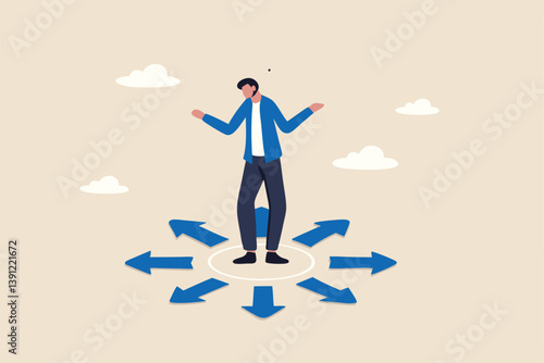 Choose career path, make life decision choice, decide the right or wrong direction, opportunity challenge, confusion or thinking to find the way concept, confused businessman choosing direction.