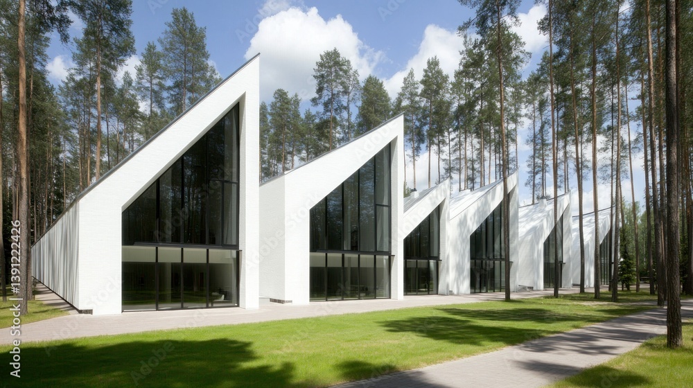 Fototapeta premium Modern white buildings nestled in a pine forest