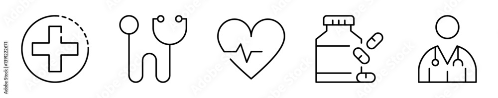 Conjunto de iconos de cuidado de la salud. Atención médica, bienestar y prevención. Cruz médica, estetoscopio, salud cardiaca, medicación, profesional de la salud. Ilustración vectorial