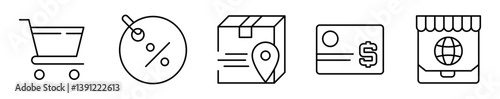 Conjunto de iconos de comercio electrónico. Compras digitales, pagos y logística online. Carrito de compras, descuento, entrega rápida, tarjeta de crédito, tienda global. Ilustración vectorial