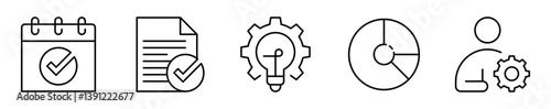 Conjunto de iconos de gestión de proyectos. Planificación, control y ejecución de tareas. Calendario aprobado, documento validado, idea y proceso, análisis porcentual, configuración de tareas