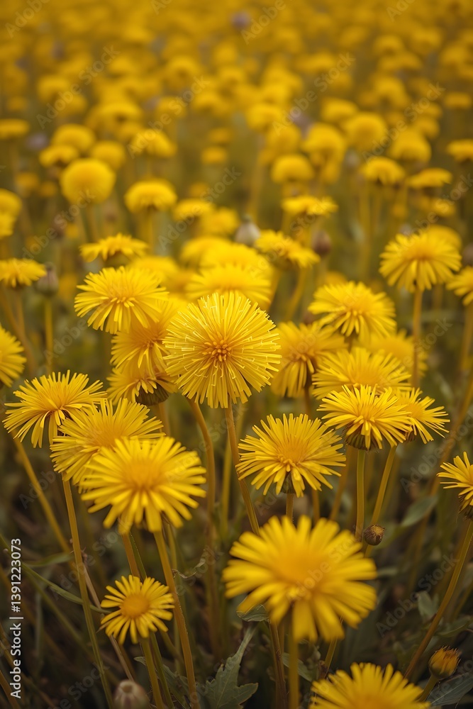 Fototapeta premium Golden Dandelion Field: A vibrant field of sunny yellow dandelions in full bloom. The image captures a moment of pure, natural beauty.
