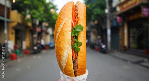 Holding a Vietnamese Baguette Sandwich on Street for Food Concept