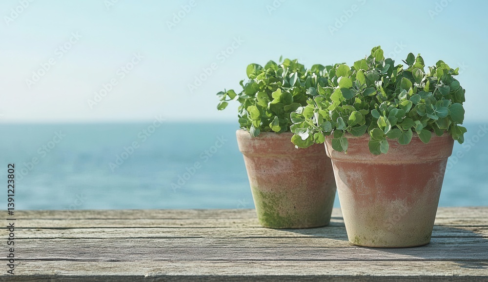 Tranquil Coastal Scene Potted Plants on Rustic Wood Deck Tranquil Coastal Scene Potted Plants on Rustic Wood Deck