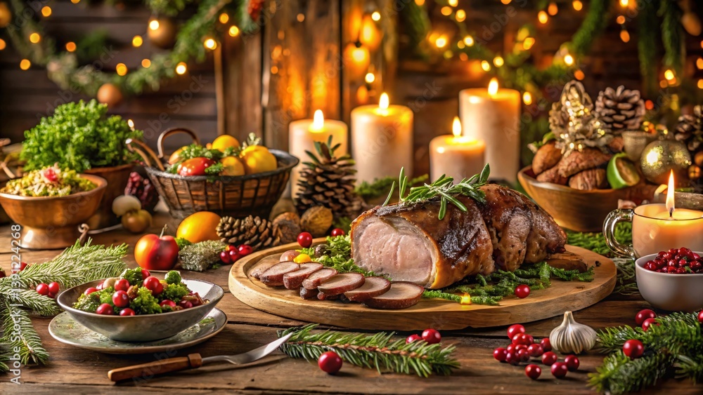 Festive Feast: A beautifully arranged table laden with culinary delights, candles, and decorative elements creates a warm and inviting ambiance for a special occasion. Festive Feast: A beautifully arranged table laden with culinary delights, candles, and decorative elements creates a warm and inviting ambiance for a special occasion.