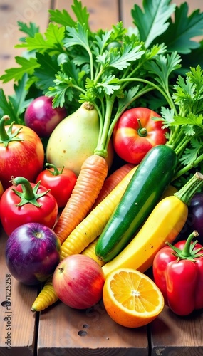 Fototapeta Naklejka Na Ścianę i Meble -  Vibrant watercolor illustration of a variety of fresh organic fruits and vegetables on a wooden table, healthy, wooden table, illustration