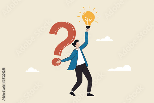 Question and answer, q and a or solution to solve problem, FAQ frequently asked question, help or creative thinking idea concept, smart businessman holding question mark sign and lightbulb solution.