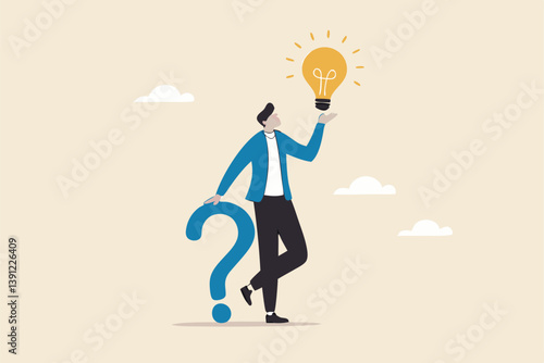 Question and answer, q and a or solution to solve problem, FAQ frequently asked question, help or creative thinking idea concept, smart businessman holding question mark sign and lightbulb solution.