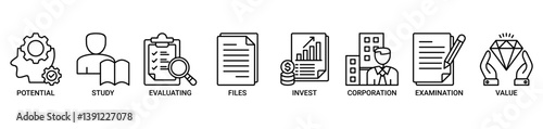 Due diligence icon set. Containing icon of potential, study, evaluating, files, invest, corporation, examination and value icons. Outline vector symbol background.