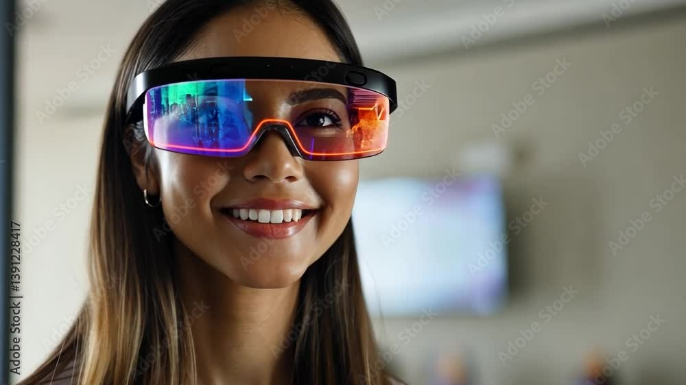 Woman Smiling with Smart Glasses: A young woman with long brown hair ...