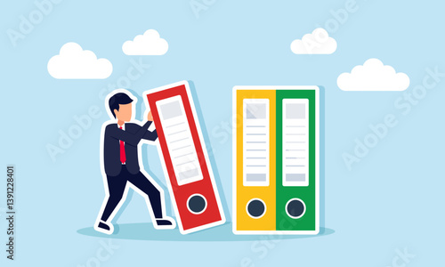 Businessman supporting a falling report book, illustration of saving business document archive