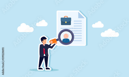 A businessman holds a magnifying glass observing a person icon on a document labeled with a briefcase, illustration of employee candidate evaluation and analisa