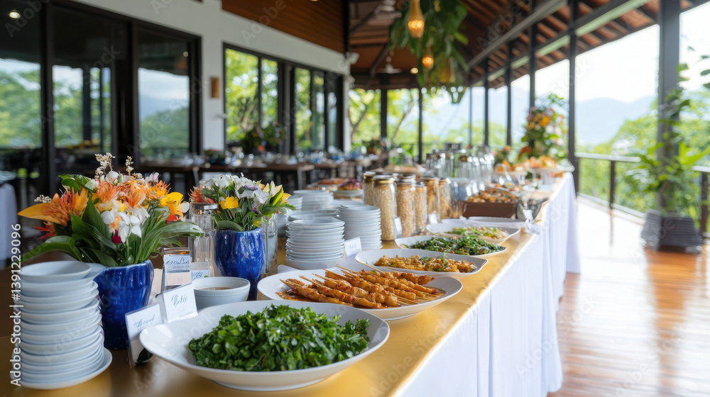 Obraz premium luxurious Thai catering buffet featuring variety of dishes, fresh ingredients, and beautiful presentation in scenic setting