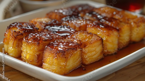 Cuban torrejas bread soaked syrup and fried plated on a white ceramic dish