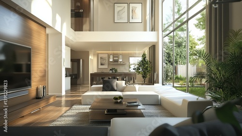 Modern luxury living room interior with large windows and natural light