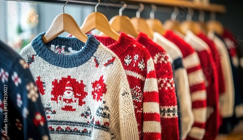 Winter Holiday Sweaters Hanging in a Row