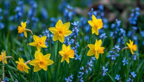 Vibrant yellow daffodils and delicate bluebells bloom atop lush green spring grass, springtime, horizontal