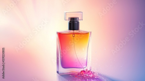 A vibrant perfume bottle showcasing elegant design and rich color gradients.