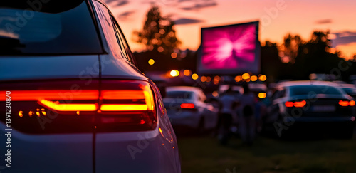 A vibrant sunset at a drive-in cinema showcasing parked cars and a large screen, creating a nostalgic atmosphere for movie lovers.