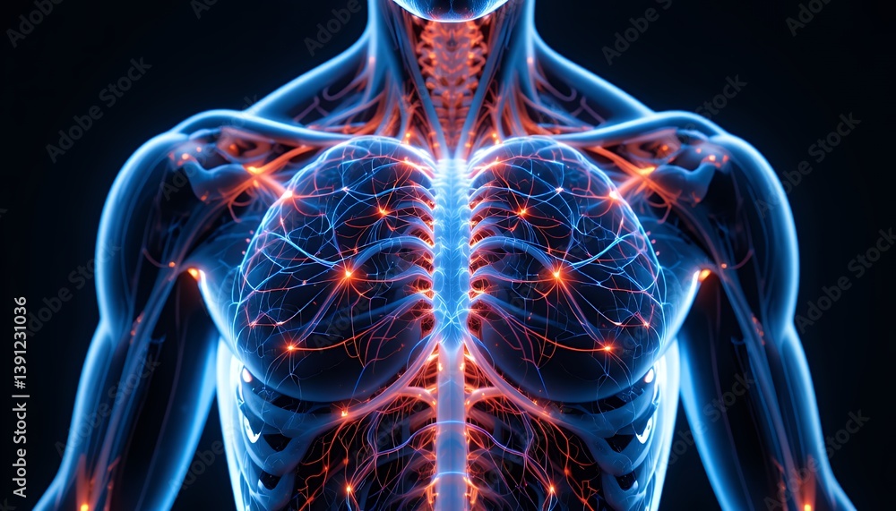Glowing Human Torso Anatomy: Blue and Red Vascular and Nervous Systems Glowing Human Torso Anatomy: Blue and Red Vascular and Nervous Systems
