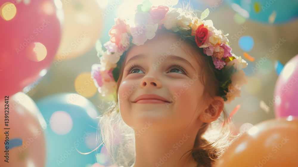 A smiling child in a flower crown with colorful balloons and confetti, celebrating joy and innocence on International Children's Day A smiling child in a flower crown with colorful balloons and confetti, celebrating joy and innocence on International Children's Day