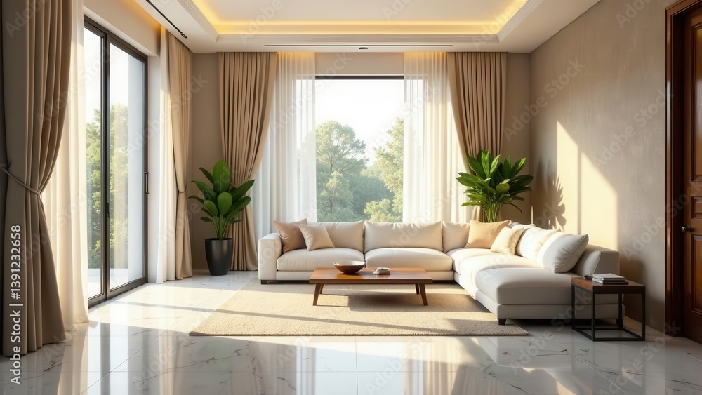 Fototapeta premium Sunlit Modern Living Room with Sectional Sofa and Floor-to-Ceiling Windows