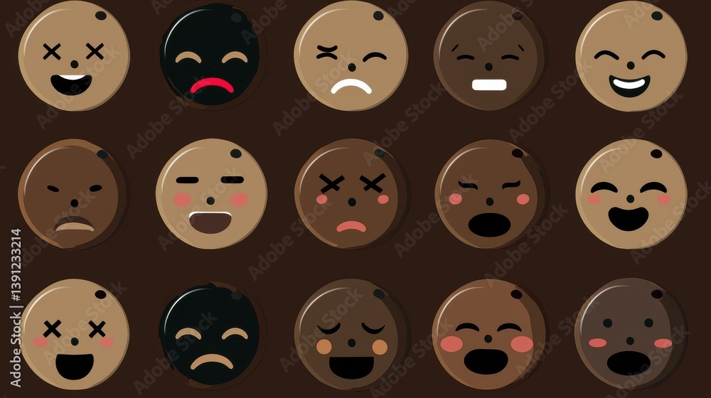 A collection of diverse cartoon faces showing various emotions like happiness, sadness, anger, and surprise on brown background. A collection of diverse cartoon faces showing various emotions like happiness, sadness, anger, and surprise on brown background.