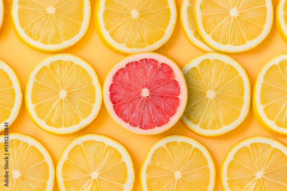 Obraz premium Colorful arrangement of lemon slices with a standout pink grapefruit in the center, perfect for summer freshness and healthy meals.
