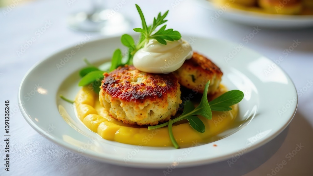 Savory Pan-Fried Fish Cakes Served with Creamy Yellow Puree and Fresh Greens Savory Pan-Fried Fish Cakes Served with Creamy Yellow Puree and Fresh Greens