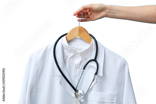 A hand hangs a doctor's coat and stethoscope to honor medical professionals on Doctor's Day, isolated on white, PNG