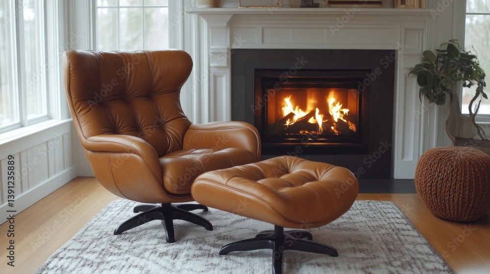 Cozy Living Room with Leather Chair and Fireplace Warm Atmosphere Comfortable Seating Home D Cozy Living Room with Leather Chair and Fireplace Warm Atmosphere Comfortable Seating Home D