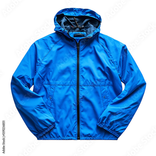 Bright Blue Windbreaker Jacket with Hood Isolated on Transparent Background