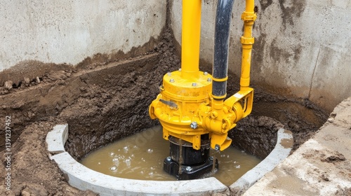 Yellow submersible pump pumping dirty water from a circular concrete pit