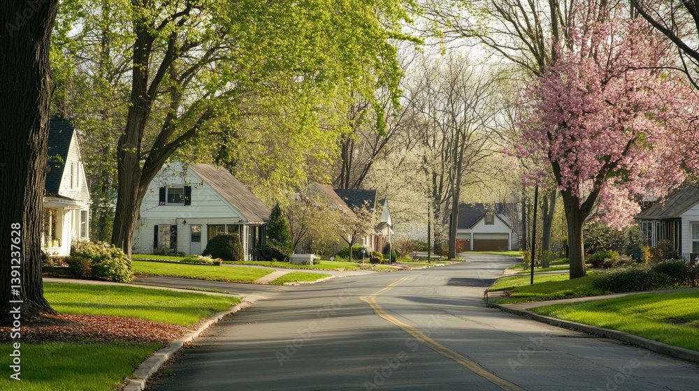 Quiet residential street in springtime with flowering trees in bloom Quiet residential street in springtime with flowering trees in bloom