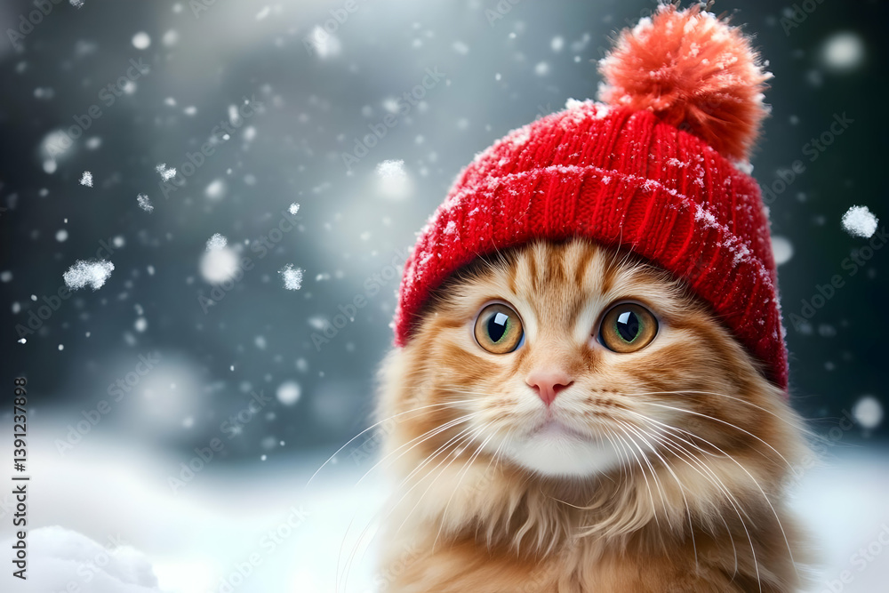 A cute orange cat wearing a red pom-pom hat plays in the snow, capturing the joyful essence of winter and playful moments. A cute orange cat wearing a red pom-pom hat plays in the snow, capturing the joyful essence of winter and playful moments.