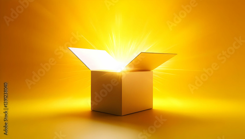A glowing box emits radiant light, symbolizing discovery and new opportunities in a vibrant yellow backdrop.