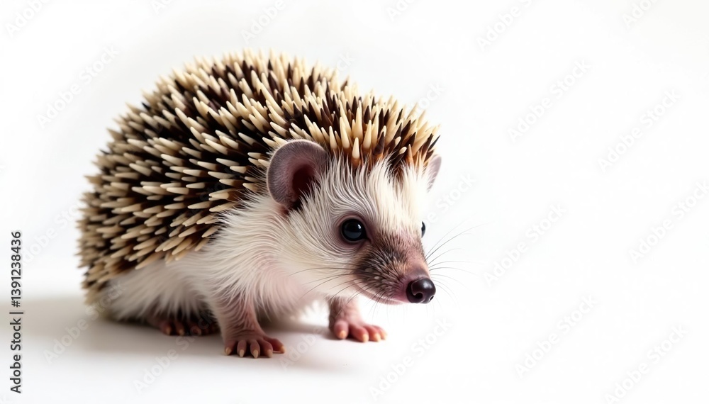 Fototapeta premium Close-up of a curled hedgehog on pure white, showcasing its spines and features, adorable, prickles