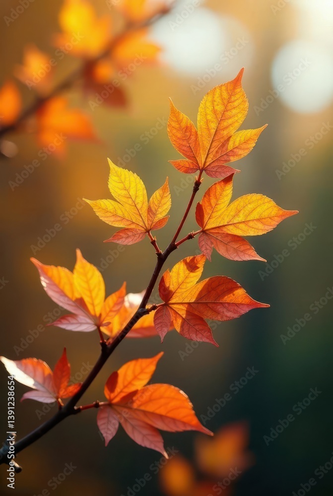 Autumnal Branch with Vibrant Golden and Red Leaves Illuminated by Warm Sunlight Autumnal Branch with Vibrant Golden and Red Leaves Illuminated by Warm Sunlight