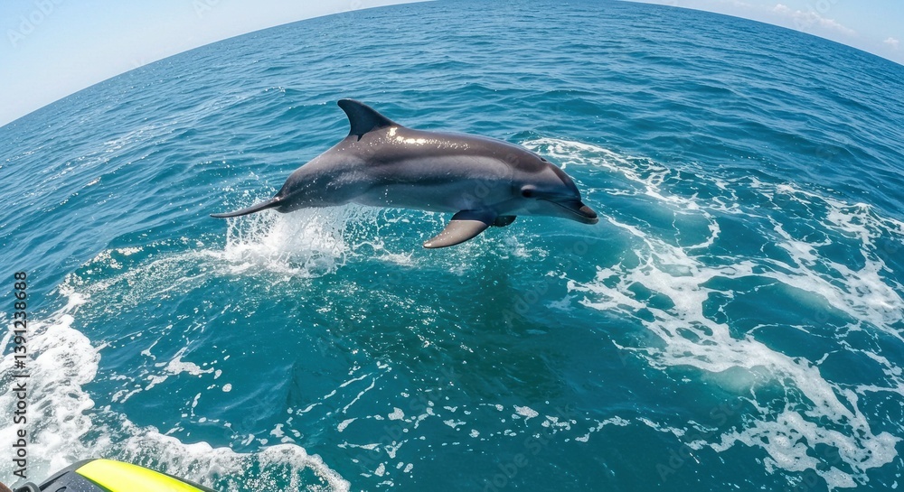 Obraz premium Dolphin Leaping From the Ocean Sparkling Water on a Sunny Day