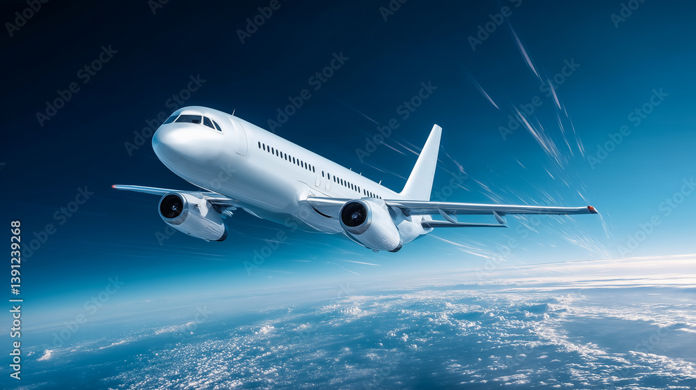 Fototapeta premium Futuristic white jet plane flying over the ocean clouds