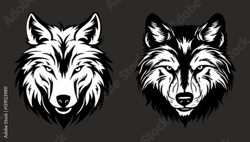 2 WOLF heads hand-drawn vector  fairy style