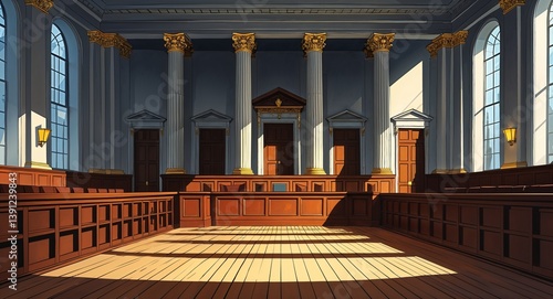 A courtroom wooden floor with shadows cast by the grand architecture anime cartoon style illustration artwork design background