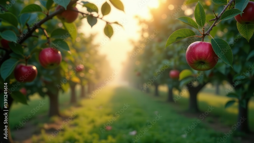 Golden Hour in the Orchard Rows of apple trees laden with ripe, red fruit bathed in the warm glow of the setting sun, creating a picturesque autumnal scene.