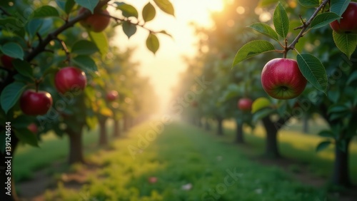 Obraz na płótnie Golden Hour in the Orchard Rows of apple trees laden with ripe, red fruit bathed in the warm glow of the setting sun, creating a picturesque autumnal scene. w salonie