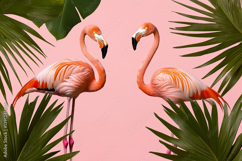 Fototapeta premium Two Flamingos and Palm Trees Pink Background