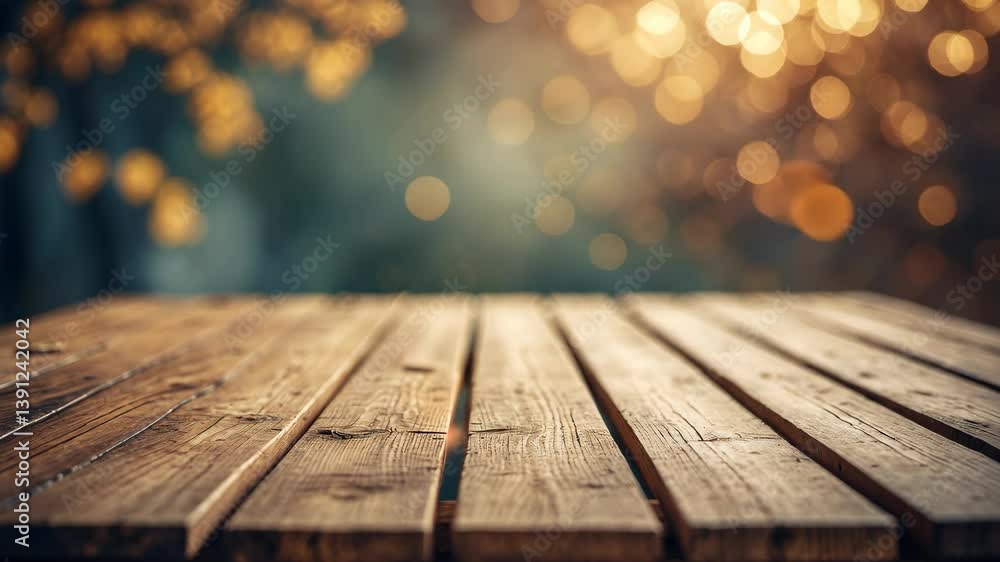 Wood tabletop set against a blurred abstract natural foliage bokeh background, vintage tone - ideal for showcasing or displaying your products. Wood tabletop set against a blurred abstract natural foliage bokeh background, vintage tone - ideal for showcasing or displaying your products.