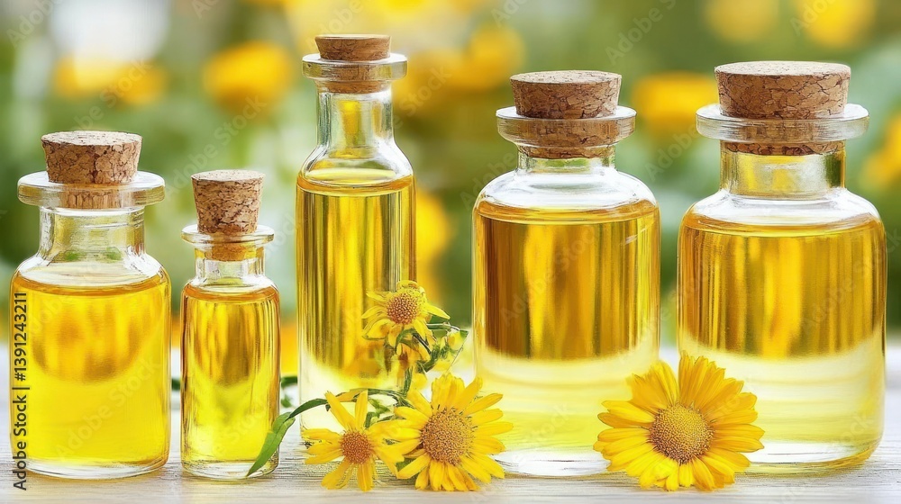 Natural herbal oils in small glass bottles with cork tops, surrounded by marigold flowers Natural herbal oils in small glass bottles with cork tops, surrounded by marigold flowers