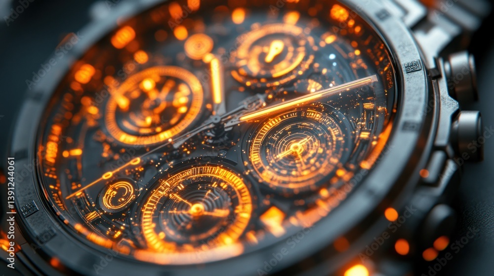 Close-up of a futuristic watch with glowing inner mechanisms Close-up of a futuristic watch with glowing inner mechanisms